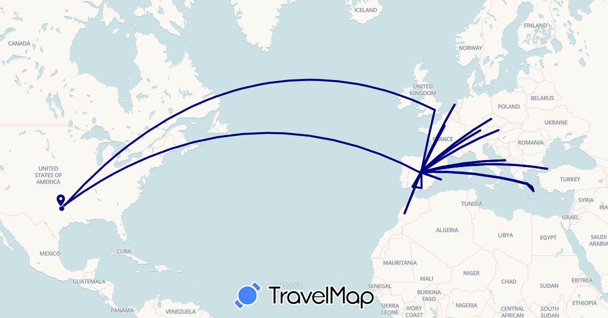 TravelMap itinerary: driving in Austria, Czech Republic, Germany, Spain, France, United Kingdom, Greece, Croatia, Italy, Morocco, Netherlands, Turkey, United States (Africa, Asia, Europe, North America)